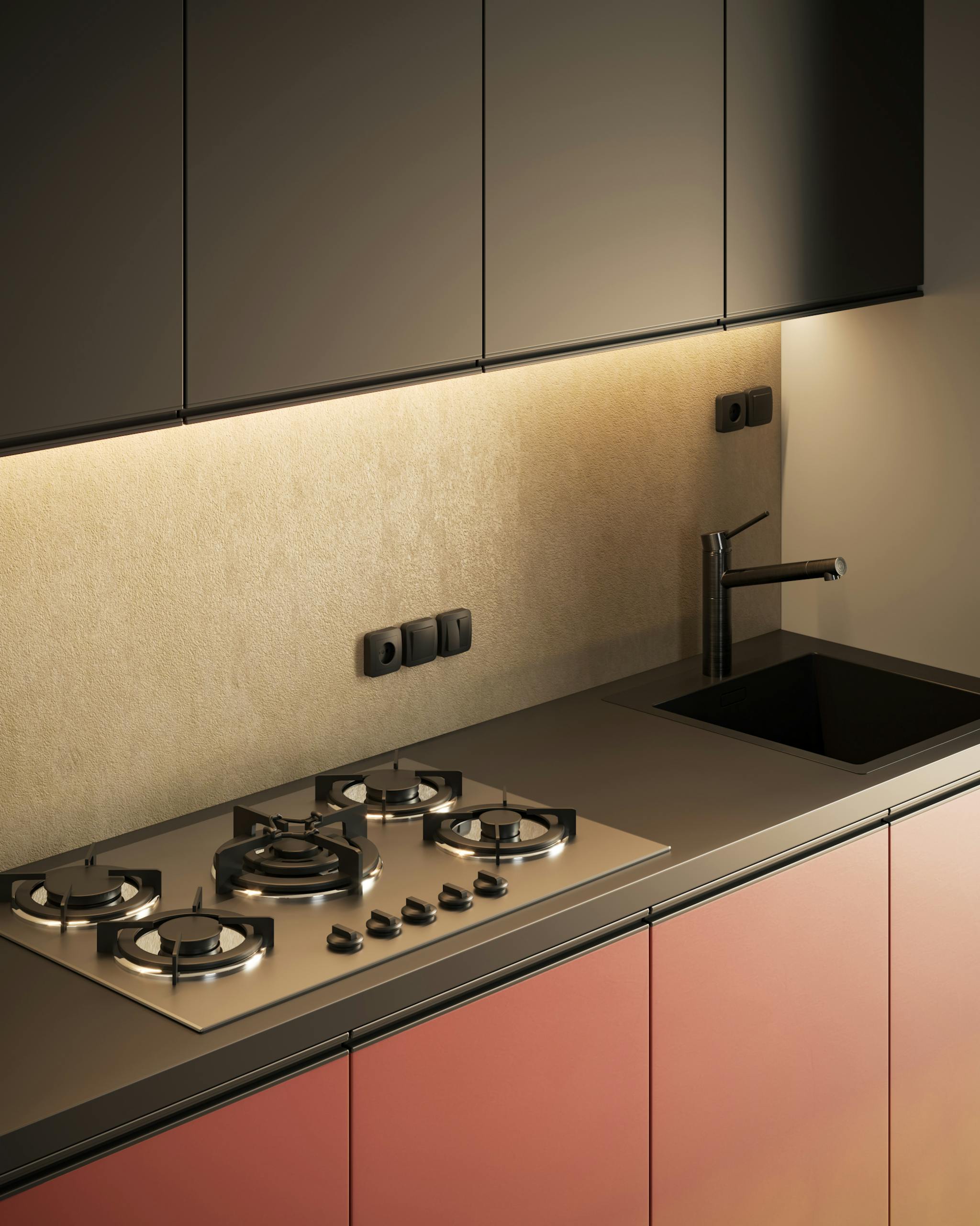 A modern kitchen interior featuring a sleek countertop, gas stove, and stainless steel faucet.